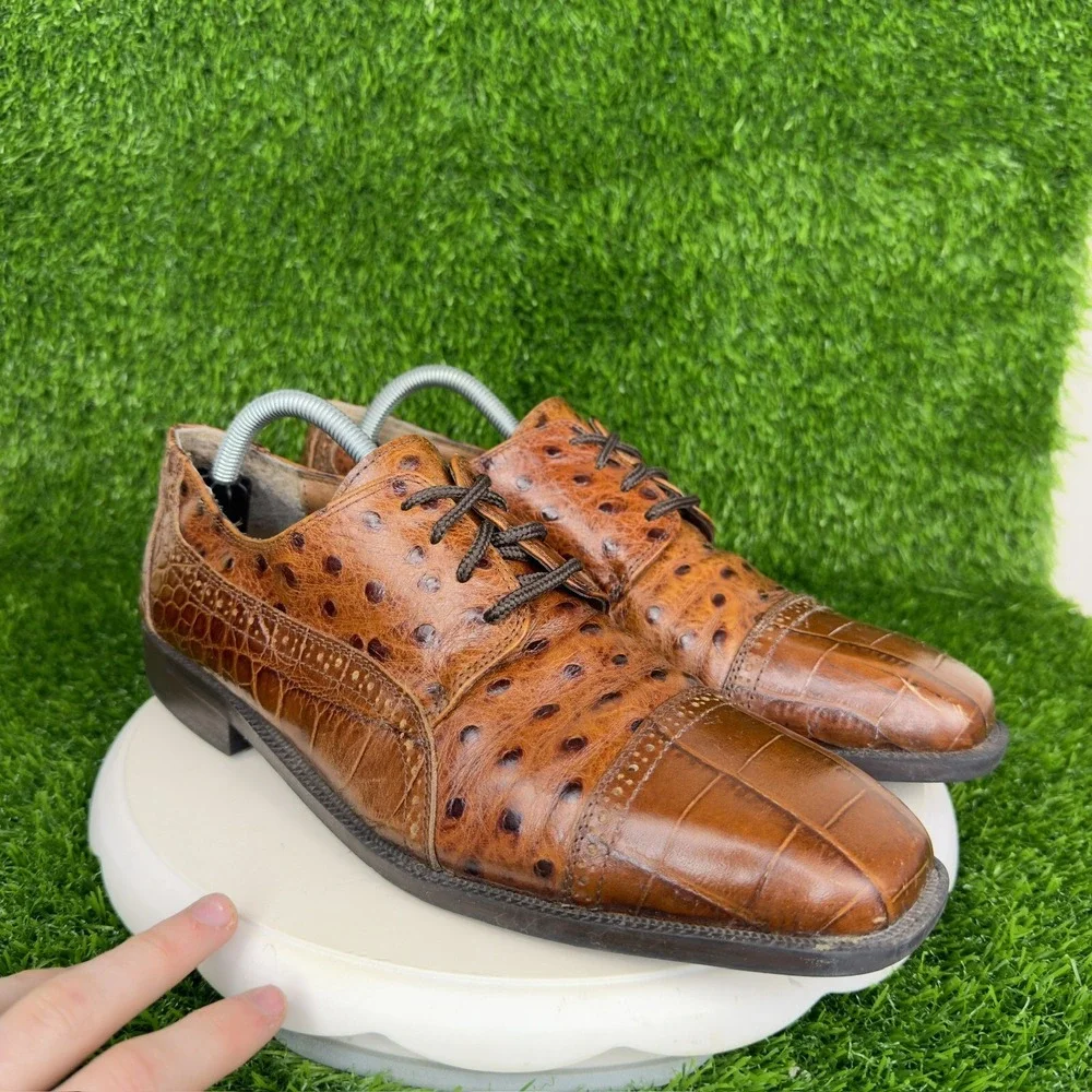 Stacy Adams Cognac Alligator/Ostrich Print Leather Loafers Sz 10